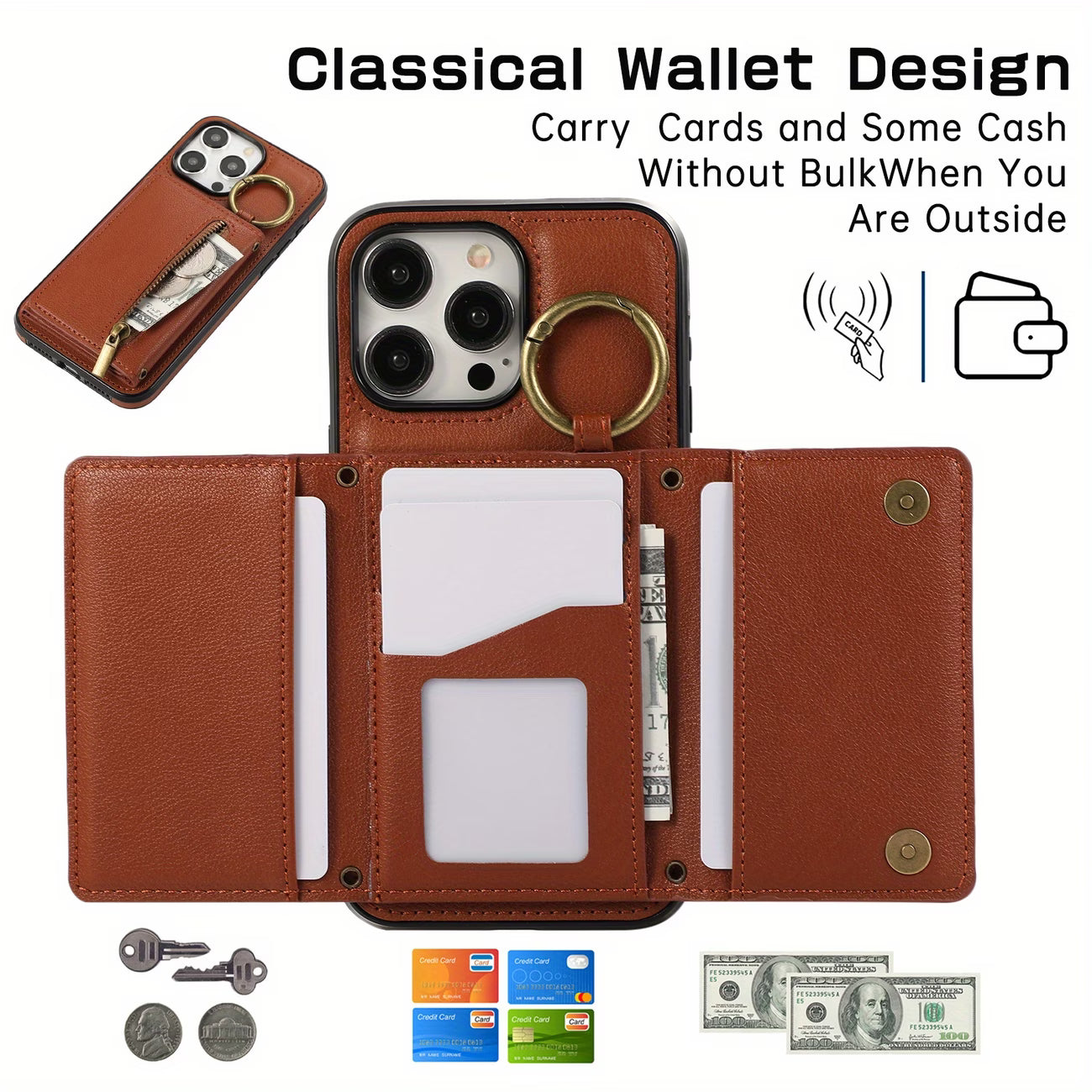 SERENITY Phone Case with Wallet and Ring Holder - Brown