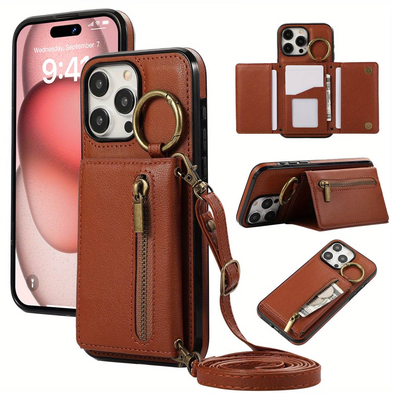 SERENITY Phone Case with Wallet and Ring Holder - Brown